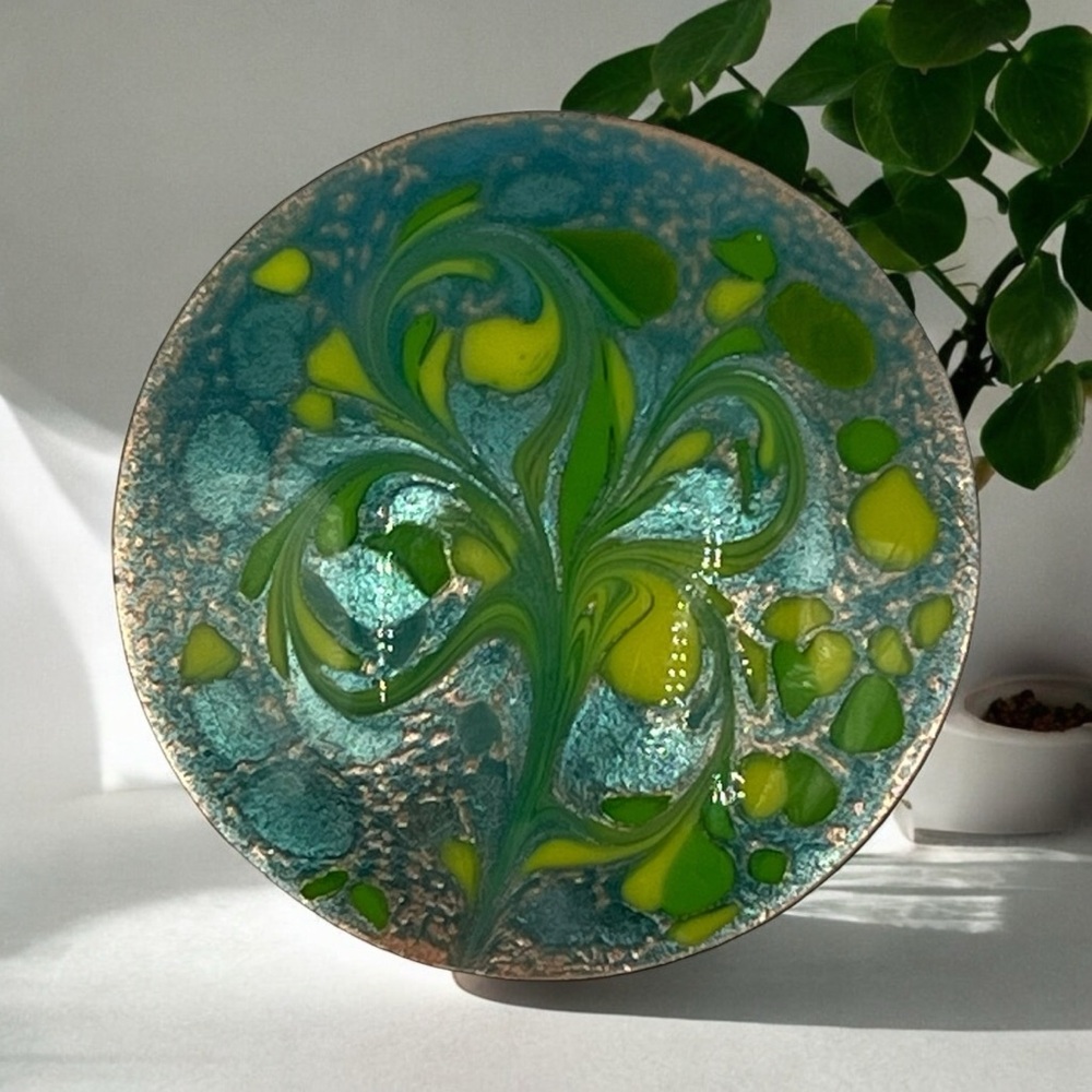 Vintage MCM Inga Green Yellow Abstract Flower Enamel on Copper Round Brooch Pin